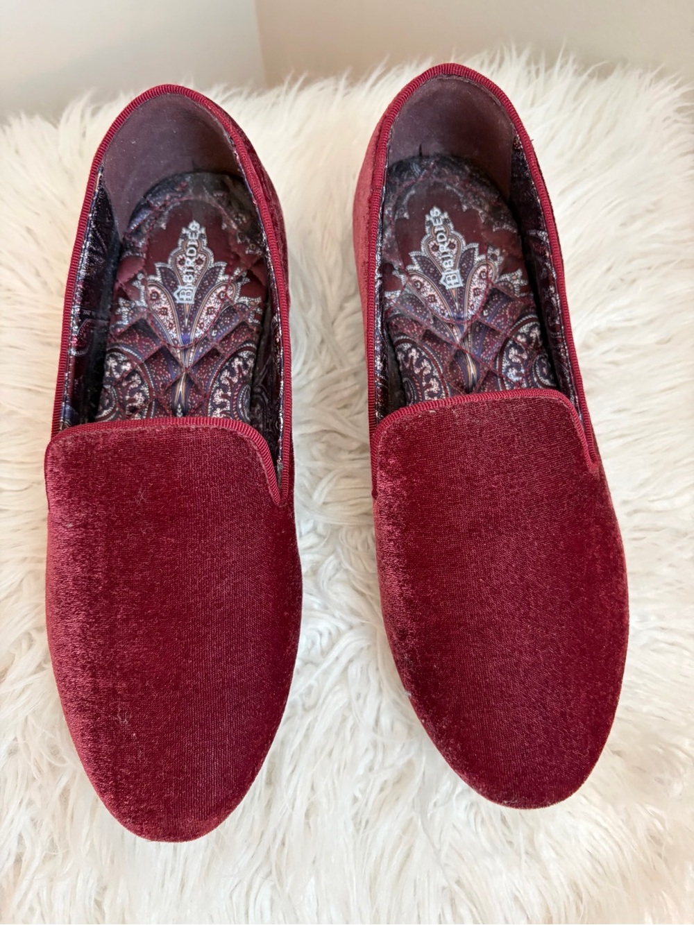 Velvet Slip-On Loafers in Burgundy.  Ultra comfortable padded footbed.